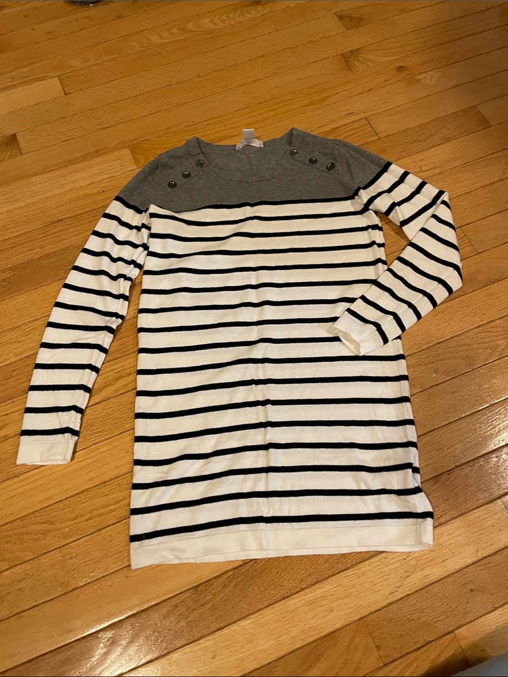 Striped Crewneck Maternity Sweater with Button Shoulder Detail - Gray and White